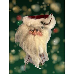 Handmade Folk Art Santa Ornament Blue Glass Eyes Red Velvet Hat White Fur Trim 1